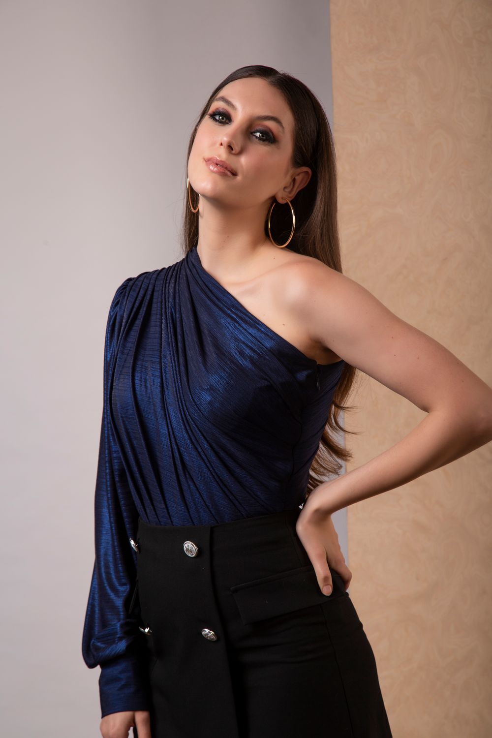 Navy Metalli One Shoulder Top