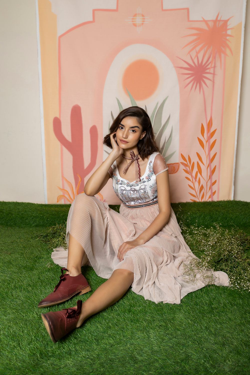 Hand Embroidered Floral Neck, Vintage Pink Dress