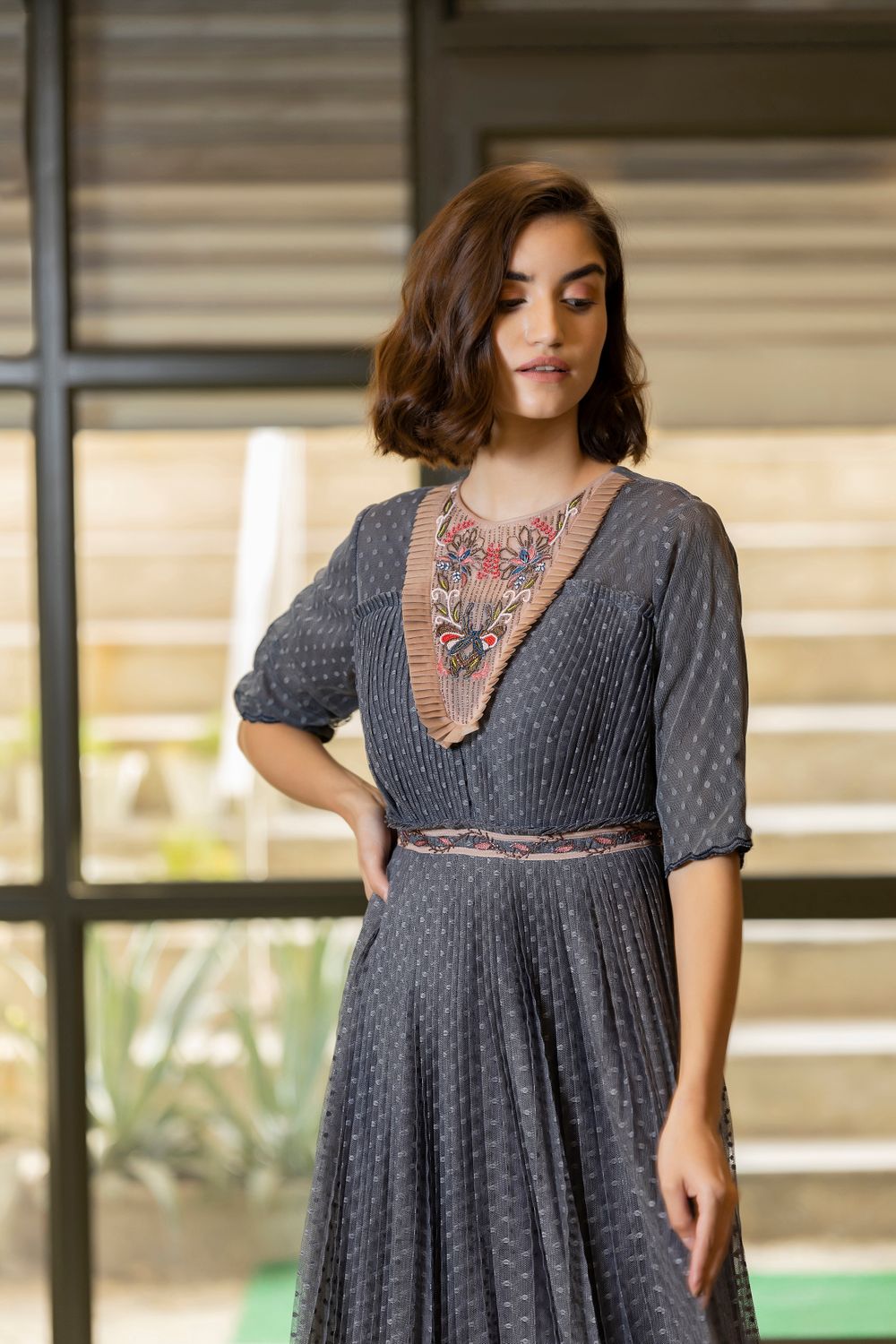 Hand Embroidered Floral Neck, Blue Dress