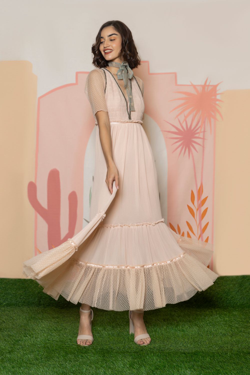 Narrow Pleated Peach Georgette Dress