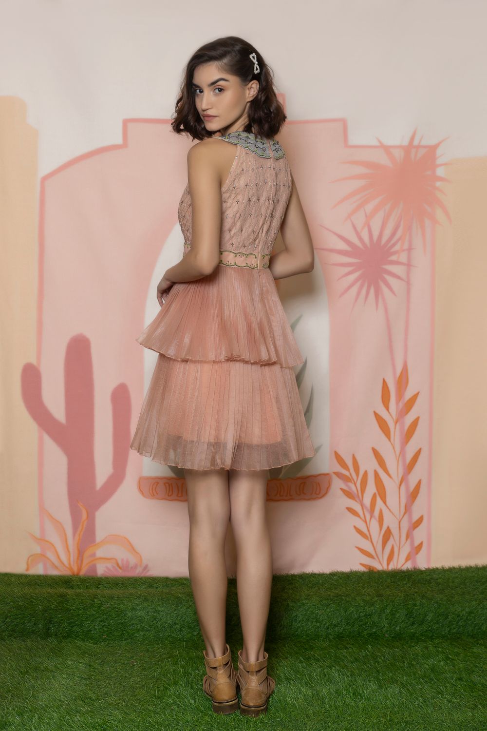 Embroidered Pleated Knee Length Collar Dress