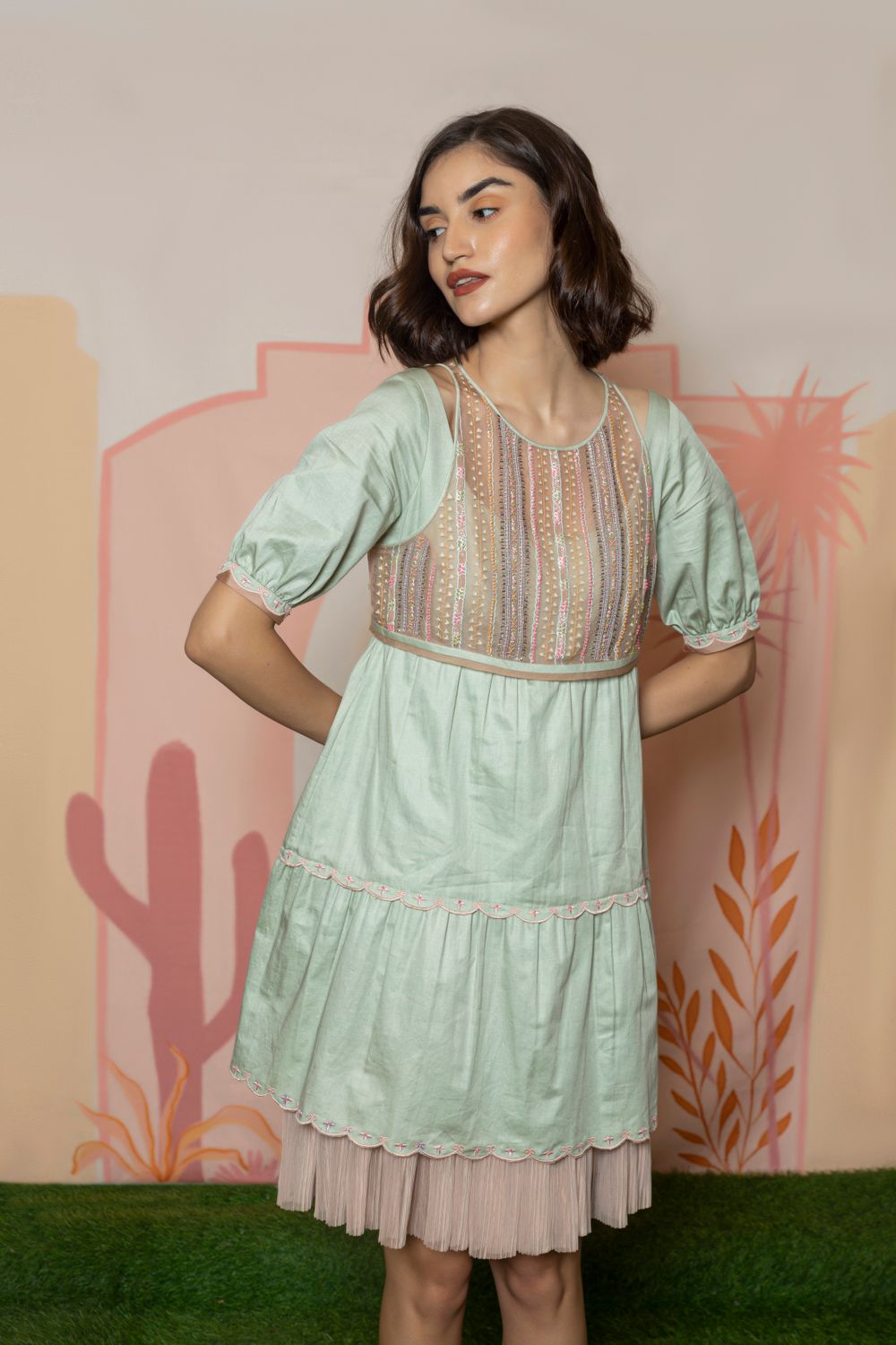 Light Mint Green  Short Dress With Embroidered Croptop