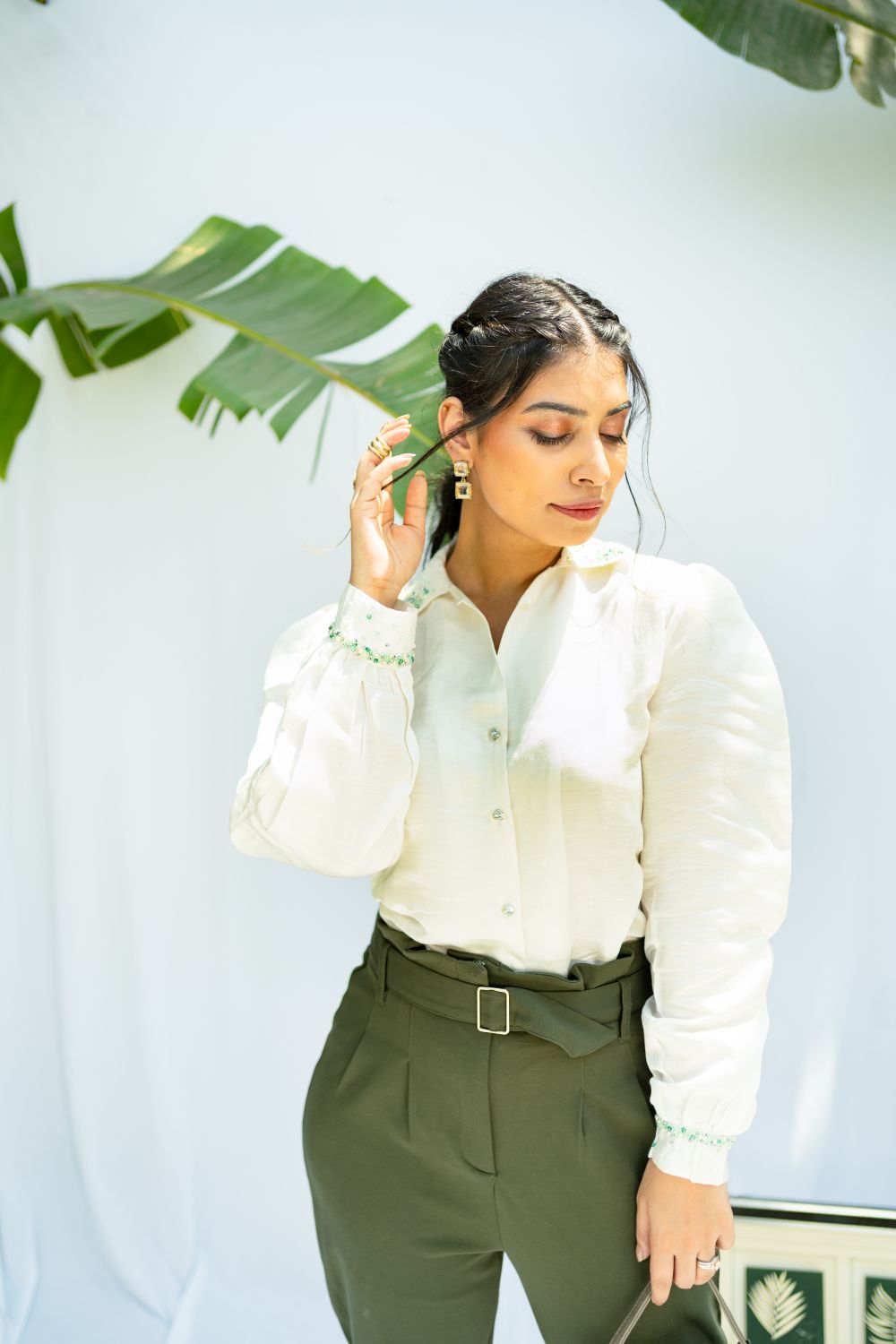 White Shirt With Green Embellishment