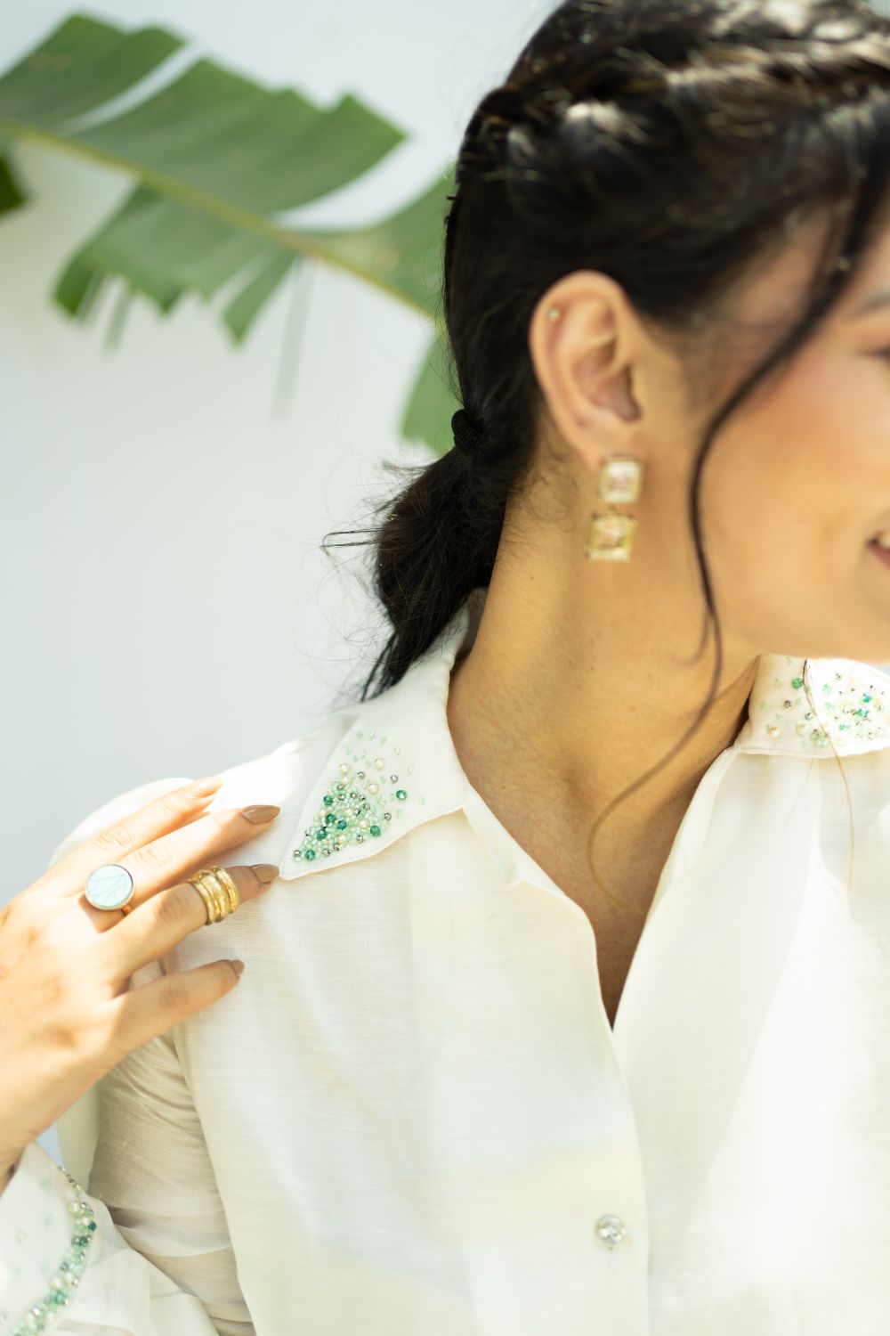 White Shirt With Green Embellishment