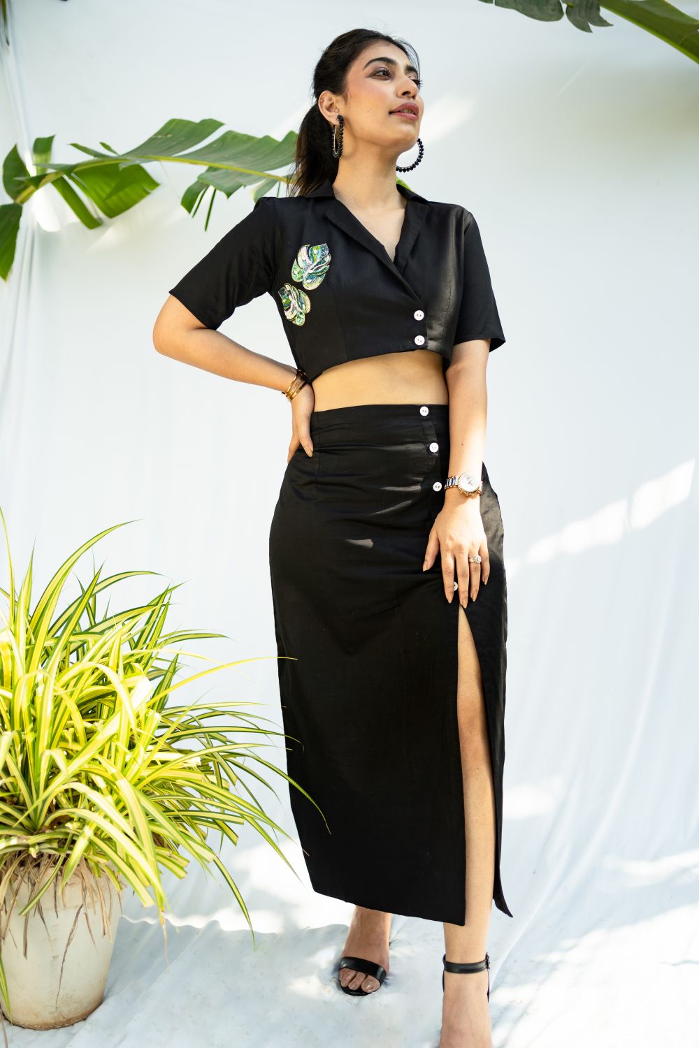 Black Embellished Slit Skirt Co-ord set