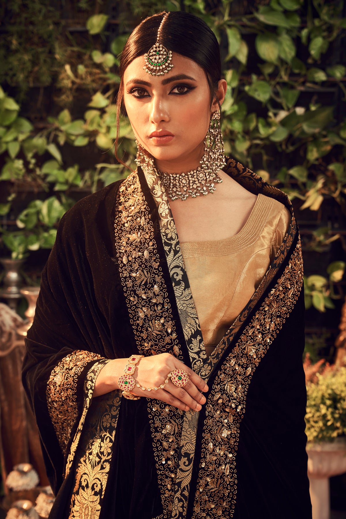 Oxidized Gold Lengha Set With Velvet Dupatta Shawl