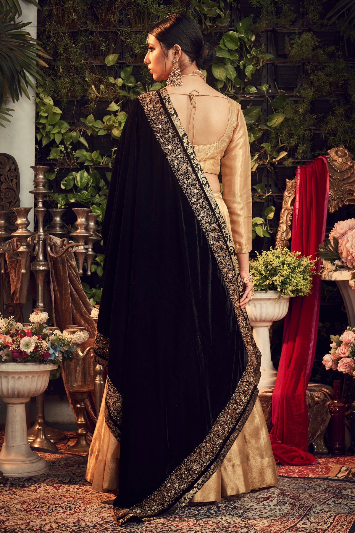 Oxidized Gold Lengha Set With Velvet Dupatta Shawl