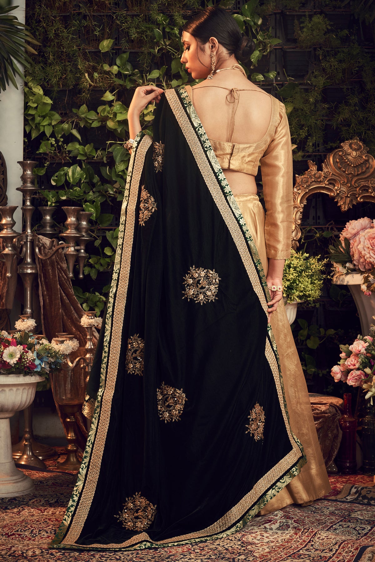 Oxidised Gold Lengha Set With Velvet Dupatta Shawl